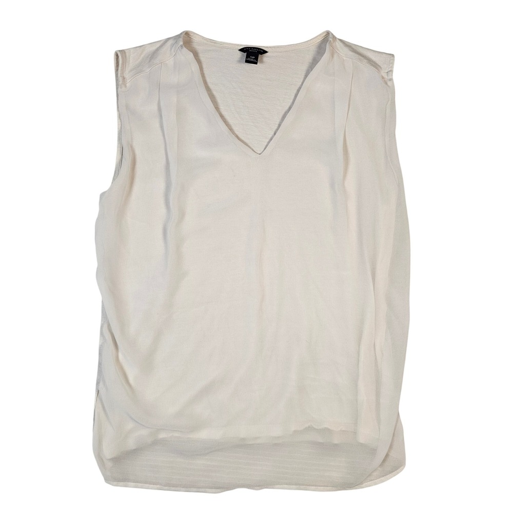 Ann Taylor Petite V-Neck Mixed Media Sleeveless Blouse Cream SP